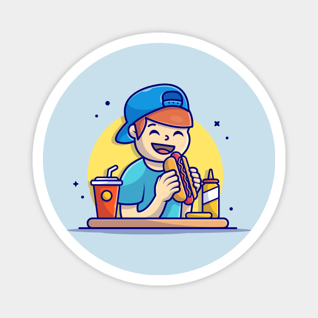 Happy Man Holding and Eating Hotdog with French Fries, Soda, and Mustard Cartoon Vector Icon Illustration Magnet by Catalyst Labs